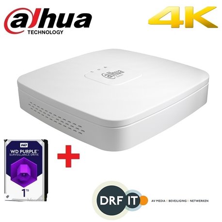 Dahua NVR4104-P-4KS2/L Lite NVR 4K en H.265 Smart NVR 4 kanalen met PoE, met 1TB HDD 