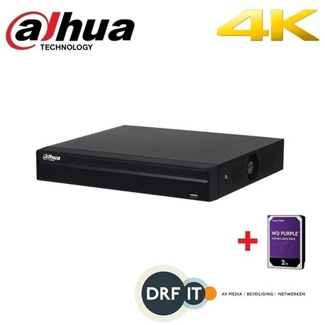 Dahua NVR4208-8P-4KS2/L Lite Series netwerk video recorder, 4K & H.265 NVR 8 kanalen met PoE, met 2TB HDD 